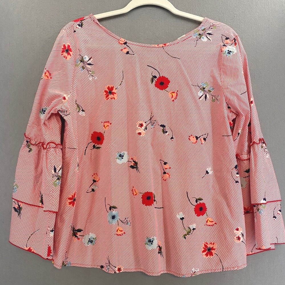 LOFT Outlet Petite Red White Striped Floral Bell Sleeve Lace Up Blouse LP
